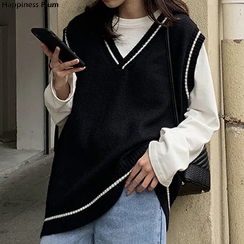 Mulheres Veste Camisola Simples Camisola De Malha De Todos-Match Top Estilo Coreano De Pescoço De V De Lazer Aluno Sem Mangas Menina Vintage Streetwear