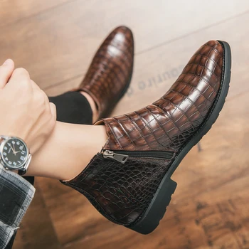 2022 Moda, Botas de Couro de Homens Sapatos PU Cor Sólida Clássico Business Casual Diário de Crocodilo Padrão do Lado do Zíper no Tornozelo Botas
