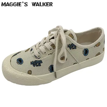 Maggie Walker Mulheres da Moda Tela Impressa Casuais Sapatos de Laço Plataforma de Cookie Padrão de Out-door Sapatos Casuais Bonito Tamanho 35-40