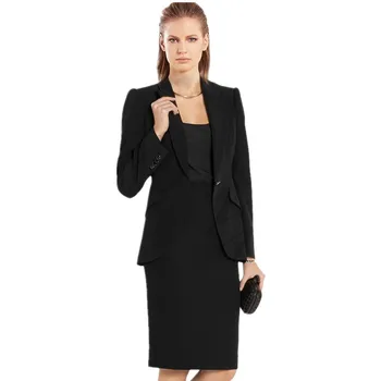 As Mulheres negras Saia Ternos Formais de Negócios OL Elegante Algodão Misturado Outono Primavera Saia+Jaqueta de 2 Peças do Conjunto de Roupas Para Mulheres