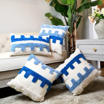 Azul Capa de Almofada Travesseiro Caso de Lã feito a mão com Borlas Para o Sofá Sede Simples, Casa de Tela Decorativa 45x45cm estilo Boho
