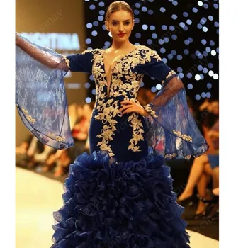 Vestido Azul Royal Muçulmano Vestidos de Noite 2021 Profundo Decote em V Sereia Vestido de Baile Elegante Longos Vestidos de Noite вечернее платье