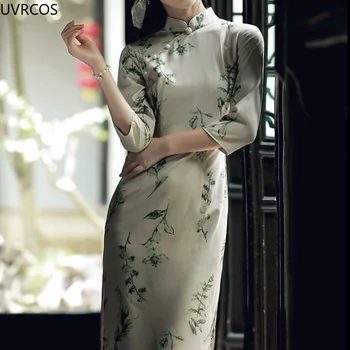 As Mulheres Elegantes De Estilo Chinês, Cheongsam Vestido De Outono Vintage Impressão Slim Vestidos De Festa Feminina Oriental Roupa Tradicional Chinesa