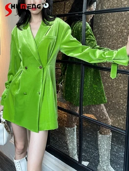 Outono Roupas de Veludo Verde Terno Temperamento Cintura-Controlado de Pregas Finas Olhando paletó na Moda das Mulheres de Cor Sólida Blazer