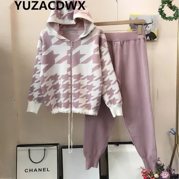 YUZACDWX 2021 Moda Outono Mantas Camisola com Capuz Casaco+Calças do Inverno das Mulheres, o 2pcs de Moda Terno Ziper Jumper Solta Top+Calça do Terno