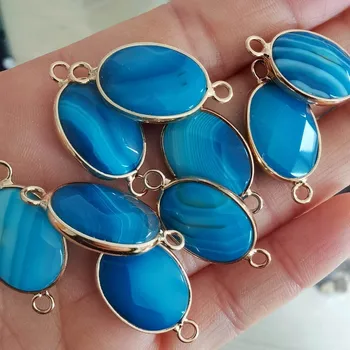 Moda faixa Azul agates 12pcs de Pedra natural a cor do Ouro conector para fazer jóias Pulseira acessórios