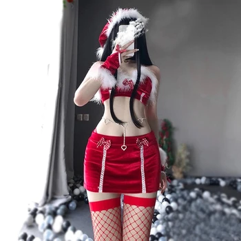2021 Natal Natal Mrs Senhora Papai Noel Traje Mulheres Lingeries Sexy, Erótico Cosplay Coelhinha Uniforme Vestido Vermelho Cabo Manto 
