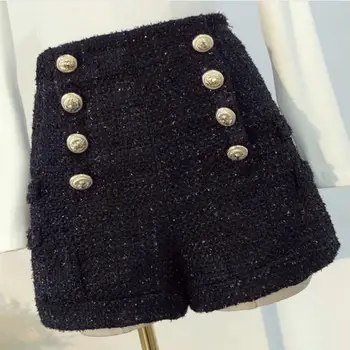 Outono, inverno, moda de nova abotoamento duplo ouro botão de cintura alta tweed de lã shorts mulheres