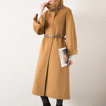 casaco Novo estilo de dupla face de lã mulheres prolongado de lã de lapela de lã fino cinto da moda de revestimento de cor sólida