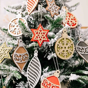 16pcs de Natal Quinta Rústica Conjunto de Ornamentos para Árvore de Natal Decorações de Suspensão de Brilho de Madeira, Enfeites de Árvore de Dom Tags B03E