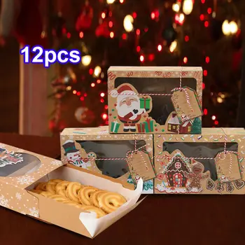 3/6/9/12pcs de Papel de embrulho de Doces Caixas de Feliz Natal Cookie Caixa de Presente Limpar Favor de Partido Novo Ano Janela de Embalagem de Saco de Decoração