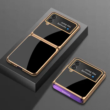 Moda Cor Pura Case para Samsung Z Flip4 Caso Z Flip3 Capa Elegante em Vidro Temperado à prova de Choque Shell para Galaxy Z Flip 3 Caso