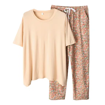 2021 Mash-up de Pijamas para Mulheres de Verão Modal de manga Curta Pijamas Rodada-pescoço Calça com estampa de Sala de Vestir Duas peças de Casa de Vestuário
