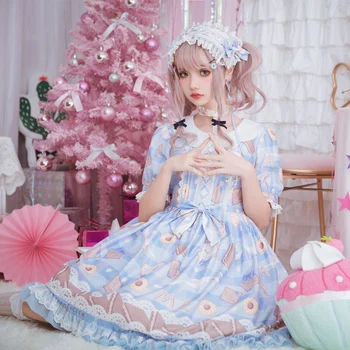 Princesa tea party sweet lolita vestido vintage pétala de colarinho puff manga bonito impressão vestido vitoriano kawaii girl op loli cos