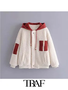 TRÁFICO de 2023 Moda de Lazer Casuais Novo Contraste Cordeiro de Lã com Capuz Algodão Demão de Top Coat Outono Inverno de Manga Longa Camisola