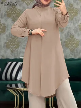 Muçulmano Blusa Para Mulheres do Vintage Sólido Camisa de Manga Longa ZANZEA Outono Turquia Hijab Superior de grandes dimensões de Trabalho OL Blusas de Vestuário Islâmico