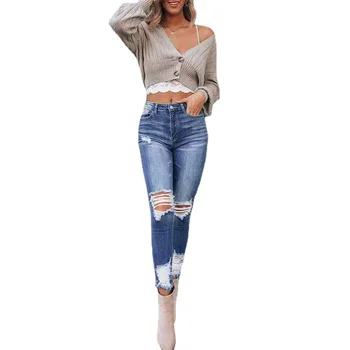 Venda quente Ripped Jeans para Mulheres Sexy Skinny Jeans Rua de Moda Casual Lápis Calças Femininas da Primavera e do Verão de Roupas