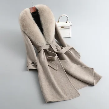 Jaquetas de Alta qualidade as Mulheres de Pele 100% Roupas de Lã Mistura Outwear Casaco Casaco de Inverno, Com o Real Fox Gola Compridos