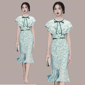Impressão de Babados Temperamento coreano Chiffon A linha Femme Senhoras Sereia Folhas francês Médio Longo de Fadas Skinny, Vestidos de