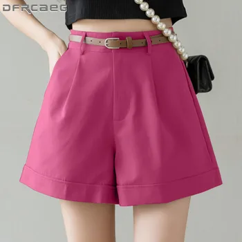 Candy Color Solta Mulheres-Quente de Cargas Shorts de Verão 2022 Cintura Alta Sólido Casual Femme Grande Perna de Calça Curta, Com Cinto