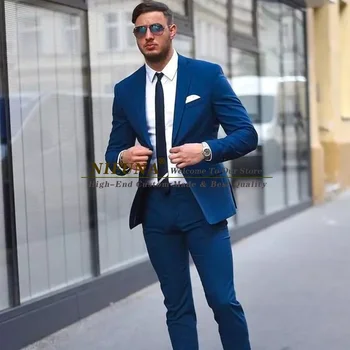 Azul dos Homens de Moda Slim Fit Personalizado se ajustar Business Casual Baile Smoking de Casamento de Terno Masculino 2 Peças Conjunto Traje Hombre Jaqueta Calças
