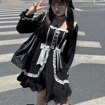 O outono Japonês Preto Gothic Lolita Vestido Vintage Vitoriana Macio Menina Bonito Arco Lace-up Babados Vestido de Princesa Mulheres Punk Vestidos