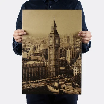 Londres Edifício Famoso Big Ben Nostalgia Vintage Papel Kraft Cartaz Pintura de Decoração Adesivos de Parede 36 X 51.5 cm