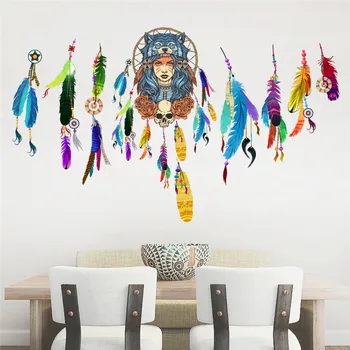 Apanhador de sonhos Penas de Vôo Adesivo de Parede Estilo Indiano Colorido Adesivos de Decoração para Quartos, Sala Decalques de Arte R Mural