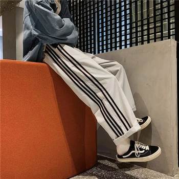 A Moda Hip Hop De Perna Larga, Calças De Homens Vestuário Coreano Listrado Casual Perna Reta Calças De Ulzzang Solta Calças Esportivas Kpop Roupas