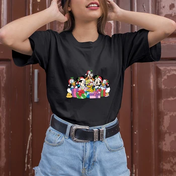Disney 2022 Natal as Mulheres Blusas Mickey e seus Amigos Impresso de Presente de Natal de T-shirt Preta de Moda de Rua Femme Vetement Atacado