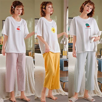 Pijama terno das mulheres de algodão home roupa casual simples, de mangas curtas com nove pontos de calça larga mão de calças de Pijama