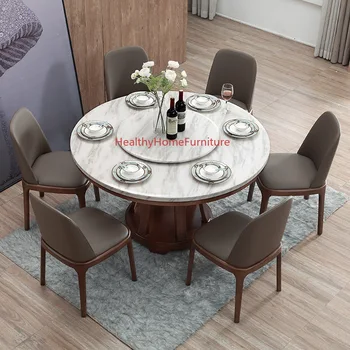 De luxo, mesa Giratória de Mesa de Jantar de Mármore e Conjunto de 6 Cadeiras de Mesa de Jantar de Madeira maciça Cadeira de Combinação de Sala de estar Mobiliário