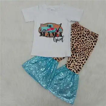 Mamãe tentou caminhão bebê roupa de menina de leopardo azul fundo de lantejoulas moda infantil primavera e no verão as roupas no atacado