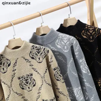Homens Tigre de Impressão Camisola de Malha coreano Outono O-pescoço Longo da Luva Quente Pulôver Masculinas de Streetwear 