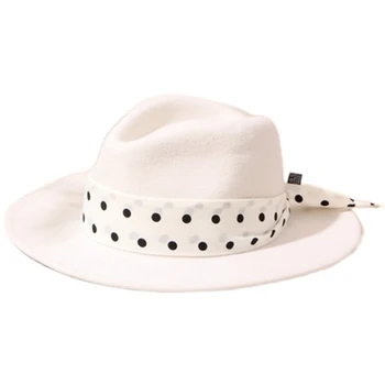 Simples e clássico branco puro de lã lã chapéu de mulheres de bolinhas televisão-com abas chapéu fedora de outono e de inverno, moda de chapéu panamá
