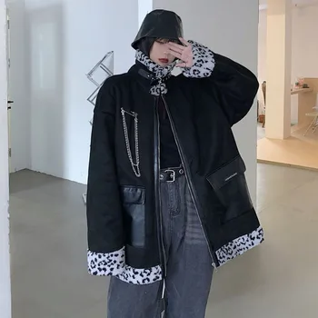 Japonês Harajuku Falso Casaco De Pele De Leopardo Reversível Cordeiro De Lã Engrossar Jaqueta Vintage Zíper 2021 Novo Estilo Coreano Casacos De Lã
