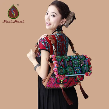 Naxi.Hani Folk bordado feito a mão grande de mulheres mochila moda Vintage lona mochila de Viagem