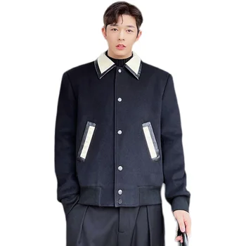Outono Inverno De Couro Dos Homens Emenda Moda Vintage Solto E Casual Casaco De Lã Homem Coreano Japão Streetwear Jaqueta