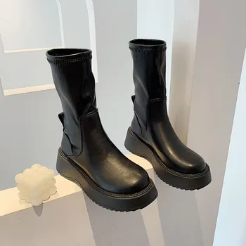 Mulheres Ankle Boots 2022 Grossa com sola de Couro Sapatos de Inverno de Mulheres Quentes de Pele Salto Alto Tornozelo Botas Sapatos Botas De Mulher