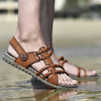 Moda Homens Sandálias de Couro de Verão, Respirável, Chinelos de quarto Slip-On Exterior Casuais Sapatos de Desporto de Borracha Plana
