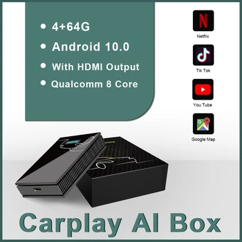 Android 10 Carplay Ai Caixa sem Fios Carplay Bluetooth do IOS Adaptador de Caixa de Tv Android 10 4+64G Para Audi, Volkswagen, Mercedes, Ford Skoda